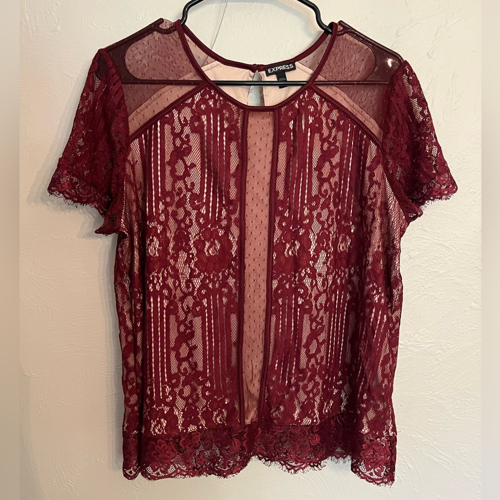 Express lace mesh lined burgundy red blouse Size XL
